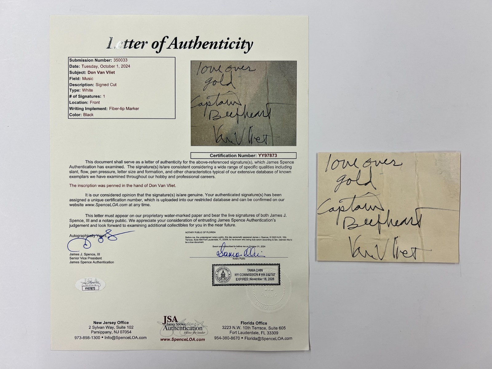 Don Van Vliet Captain Beefheart Signed Autographed Auto JSA LOA COA