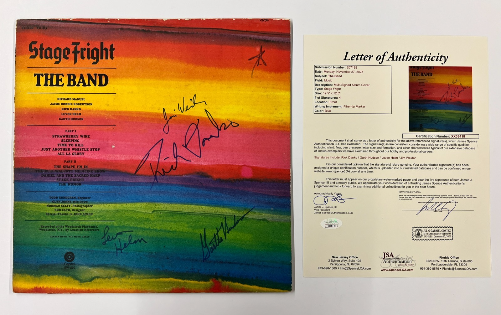 The Band Signed Autographed Vinyl (Rick Danko, Garth Hudson, Levon Helm) JSA LOA