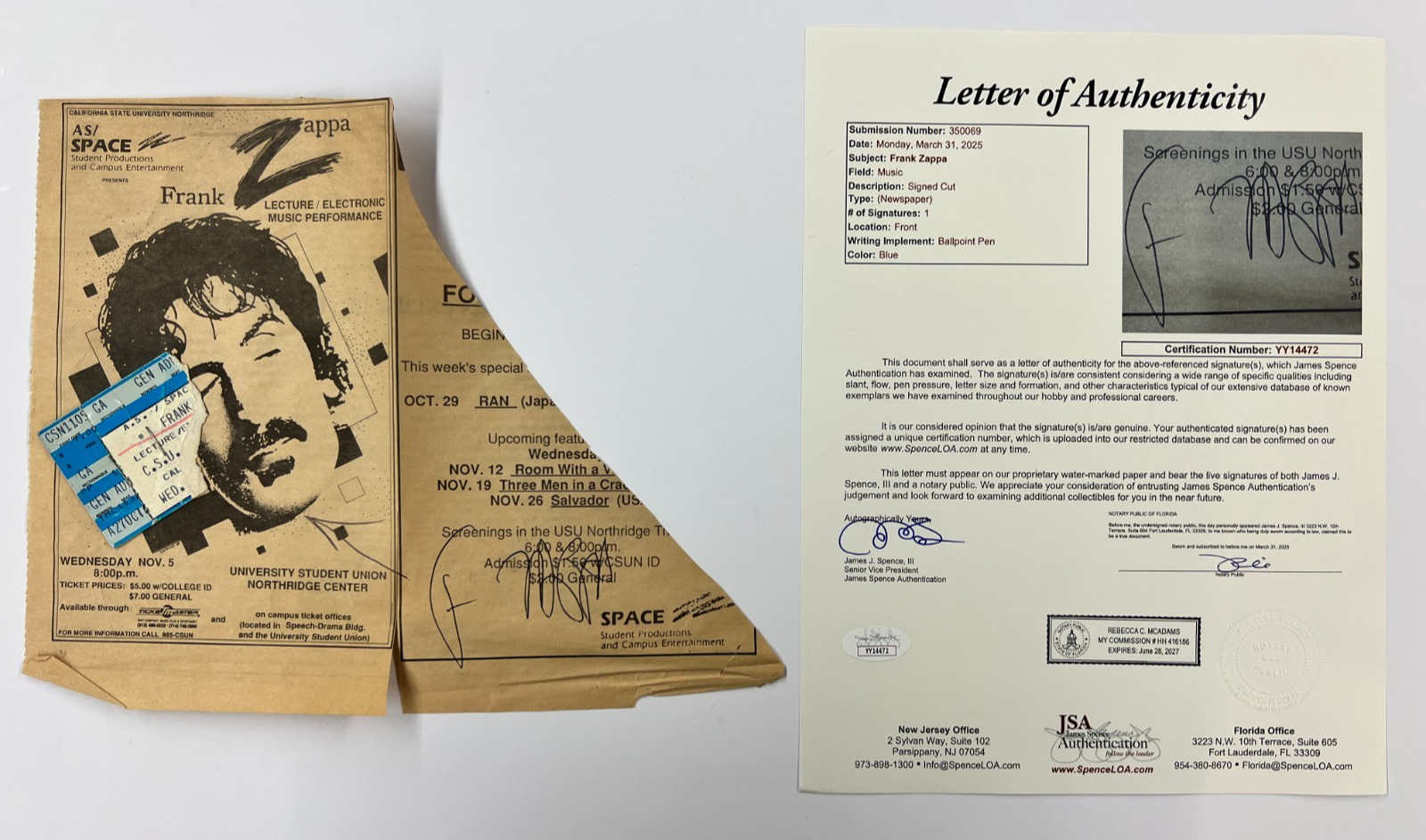 Frank Zappa Signed Autographed Newspaper Ad with Ticket Stub JSA LOA