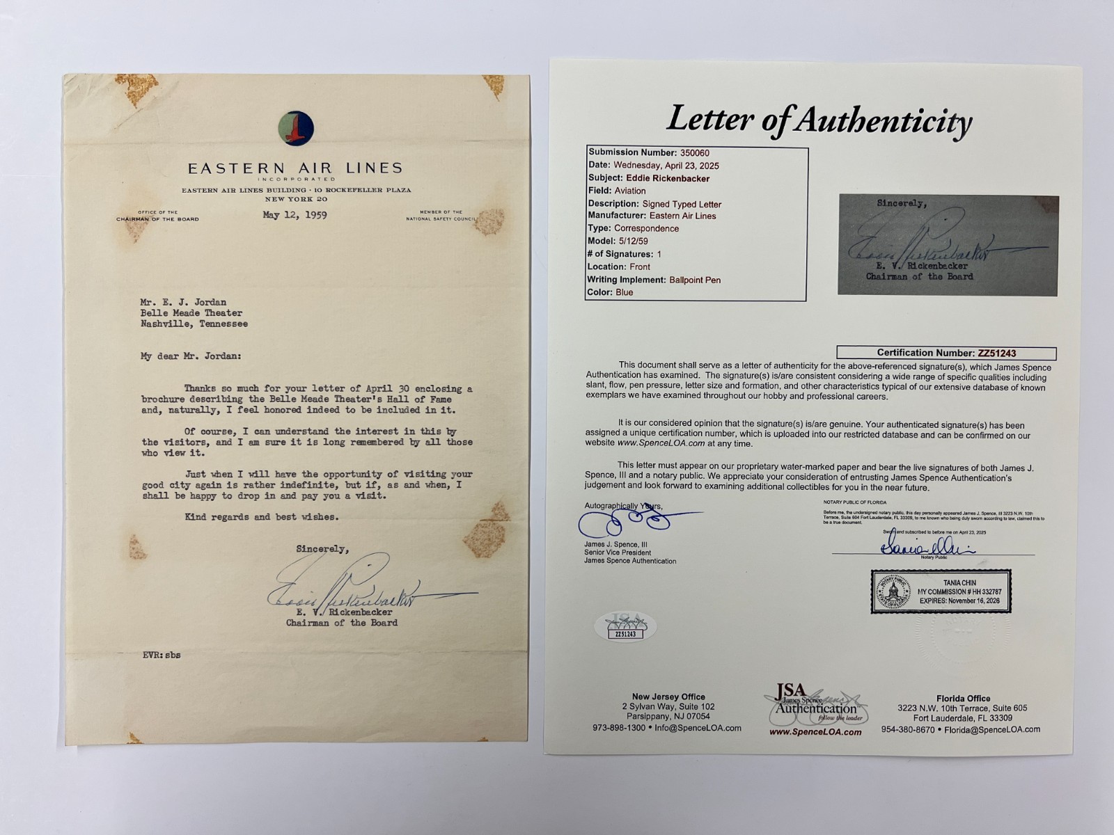 Eddie Rickenbacker Signed Letter Eastern Air Lines JSA LOA WWI Medal of Honor