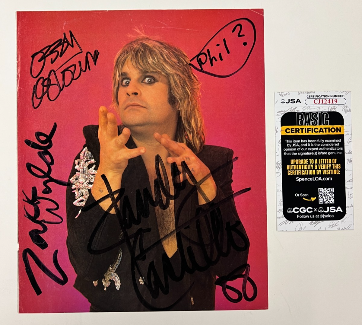 Ozzy Osbourne Signed Autographed Photo Zakk Wylde, Randy Castillo JSA COA
