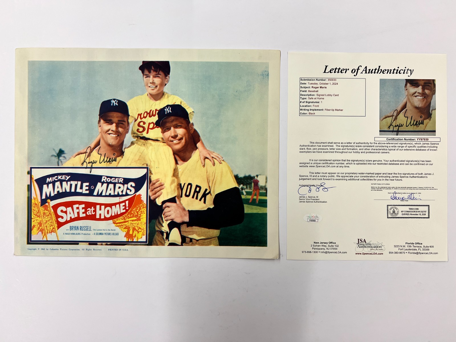 Roger Maris Signed Autographed Original "Safe at Home" Lobby Card JSA LOA