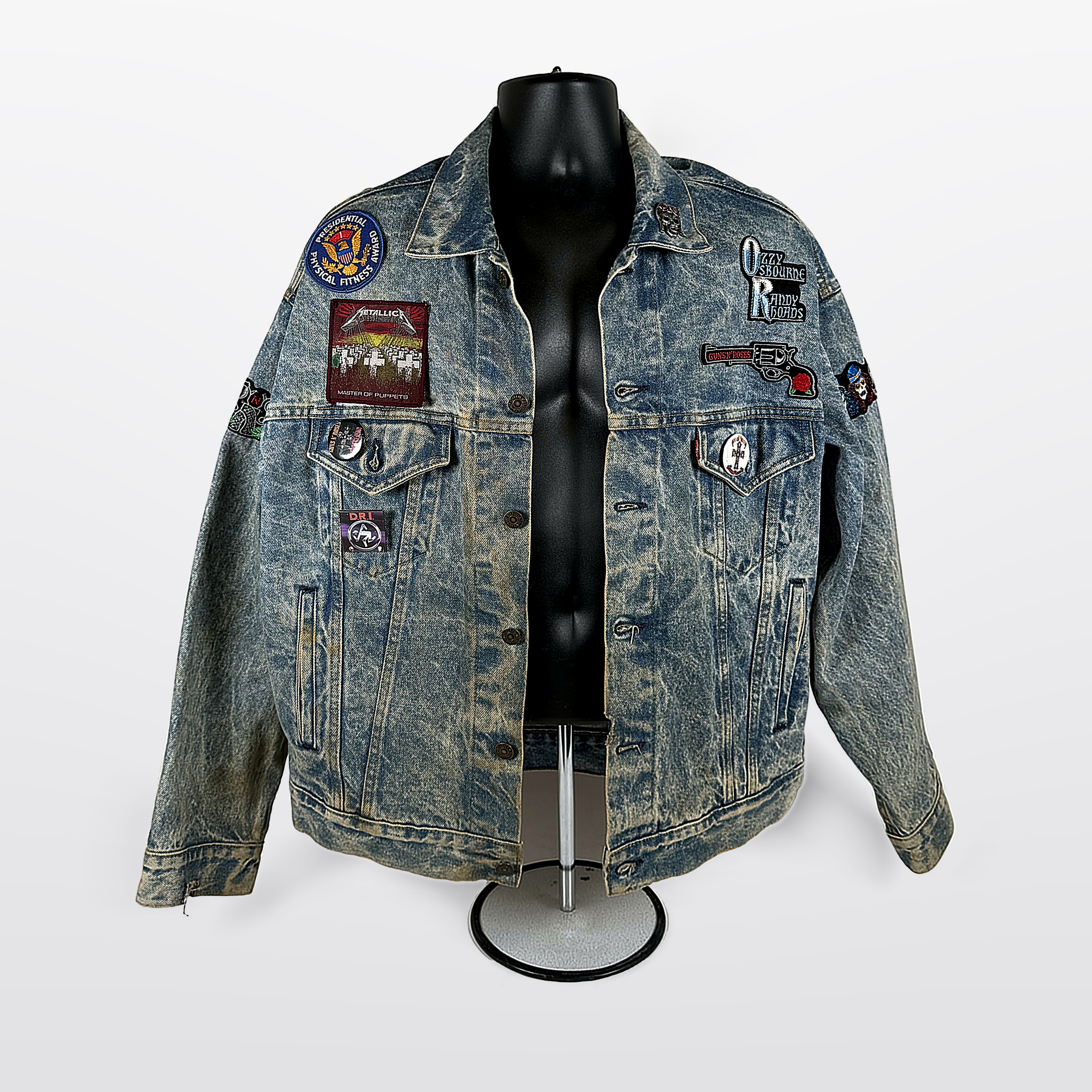 Guns N Roses Acid Wash Denim Battle Jacket With Band Patches And Pins Blue