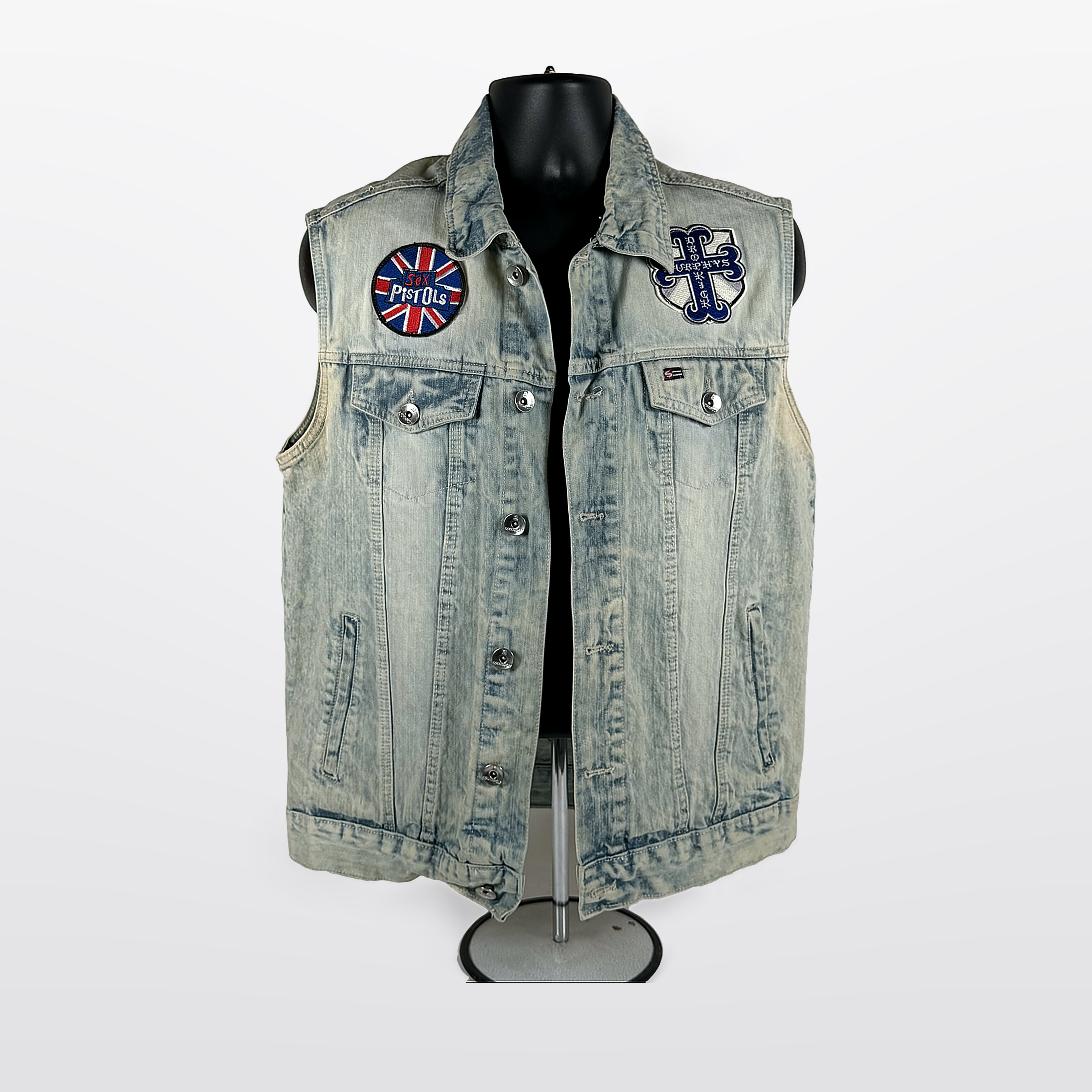 2000s D.R.I. Crossover Misfits Tool Punk Battle Vest Acid Wash Denim Size M
