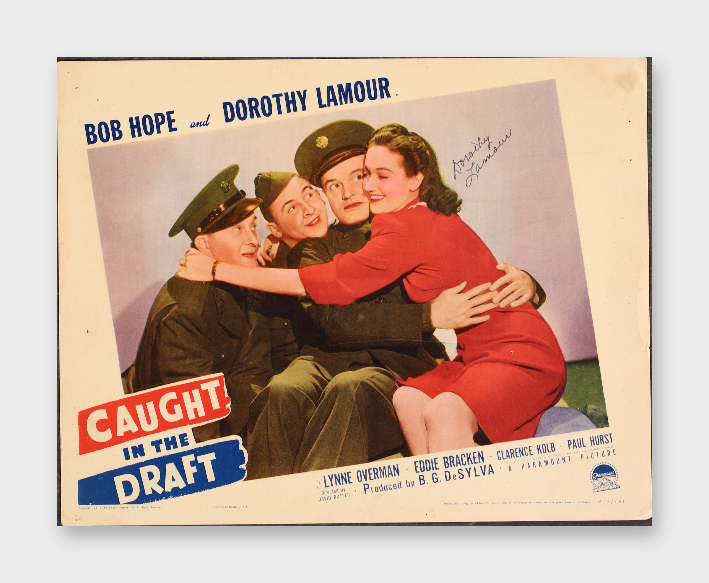 Dorothy Lamour Signed Caught In The Draft Lobby Card JSA AX73285