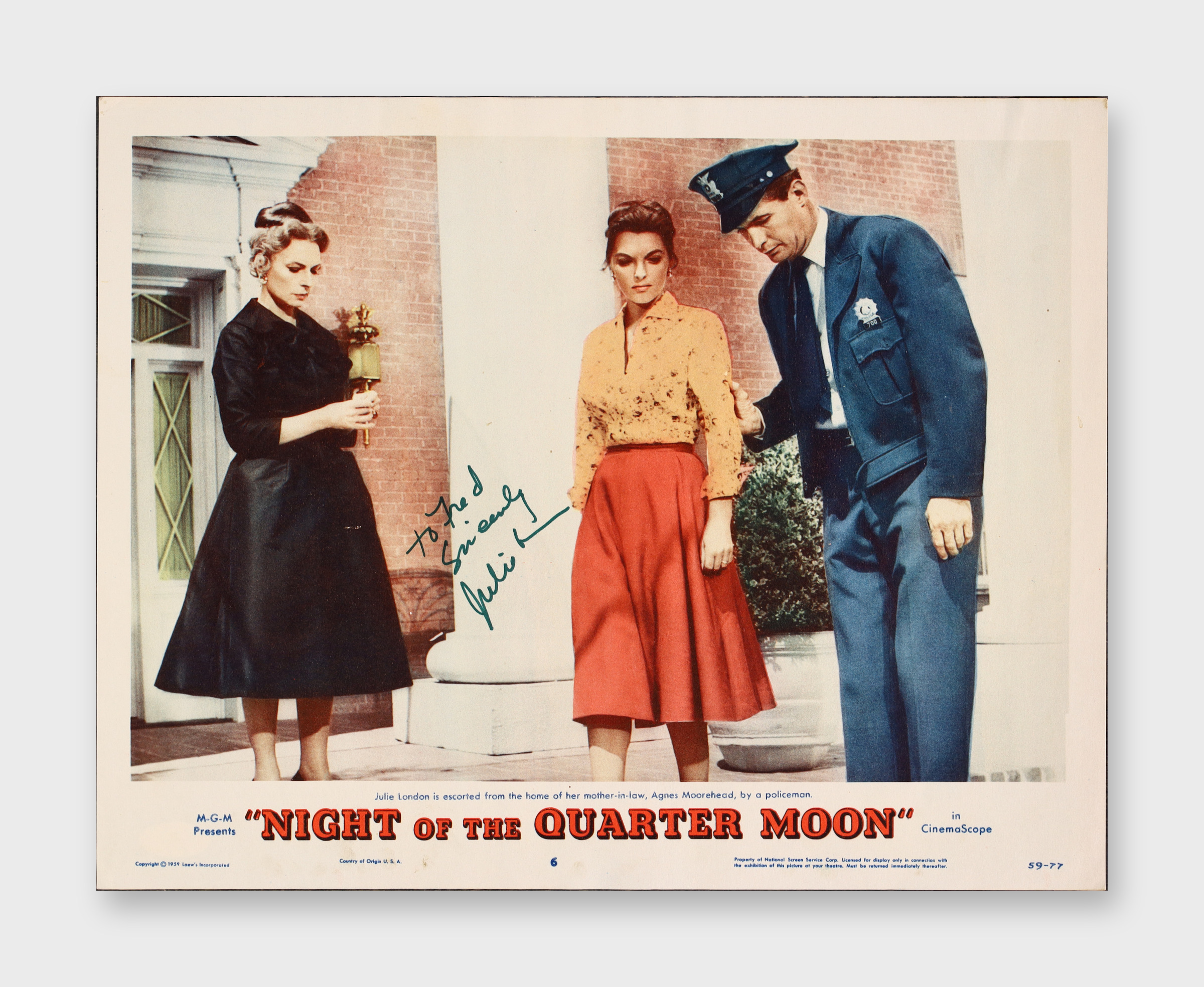 Julie London Signed 1959 Lobby Card Night Of The Quarter Moon M G M JSA AX73175