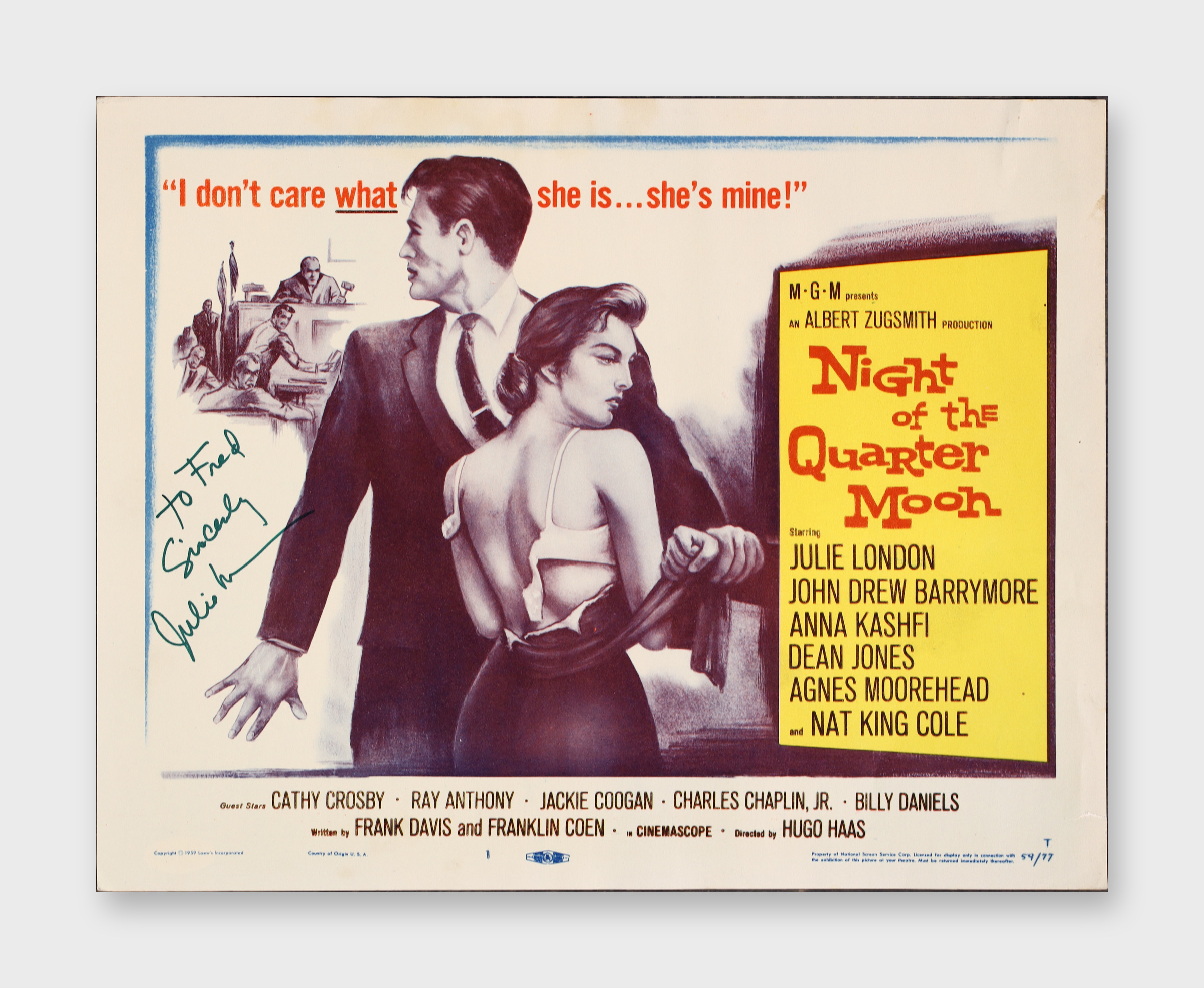 Julie London Signed 1959 Lobby Card Night Of The Quarter Moon M-G-M JSA AX73178
