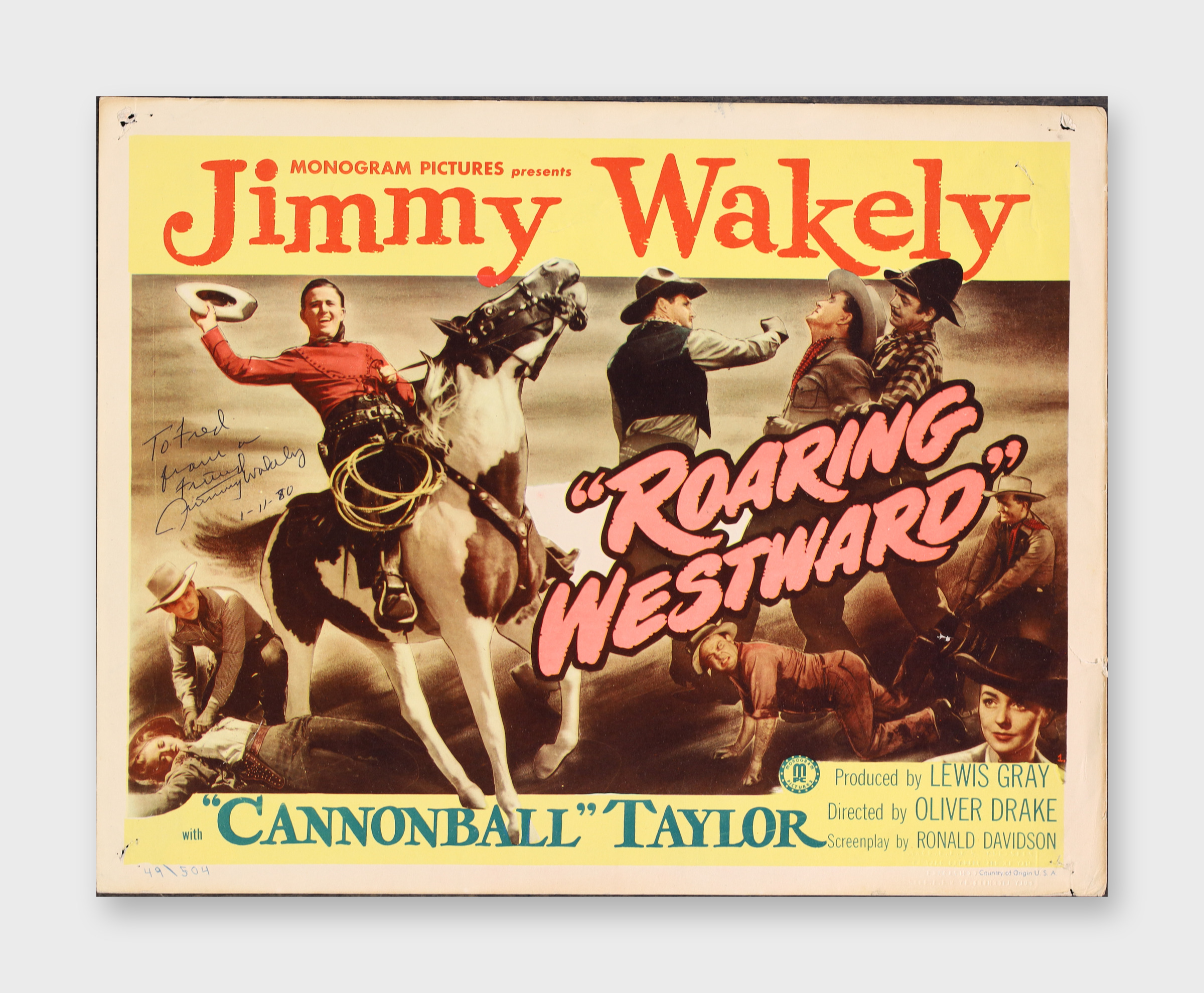 Jimmy Wakely Signed Lobby Card Roaring Westward Monogram Pictures JSA AX73179