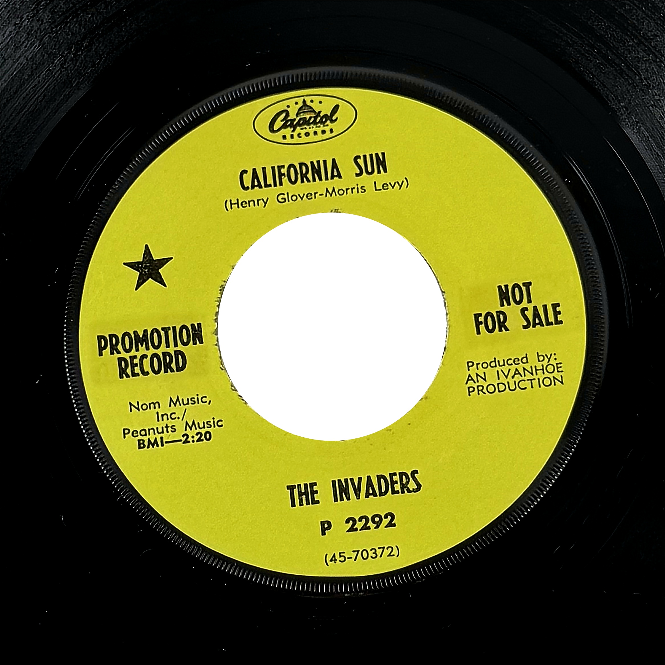 The Invaders California Sun / Love And Hate 7" Vinyl 45 RPM Capitol Records 1968