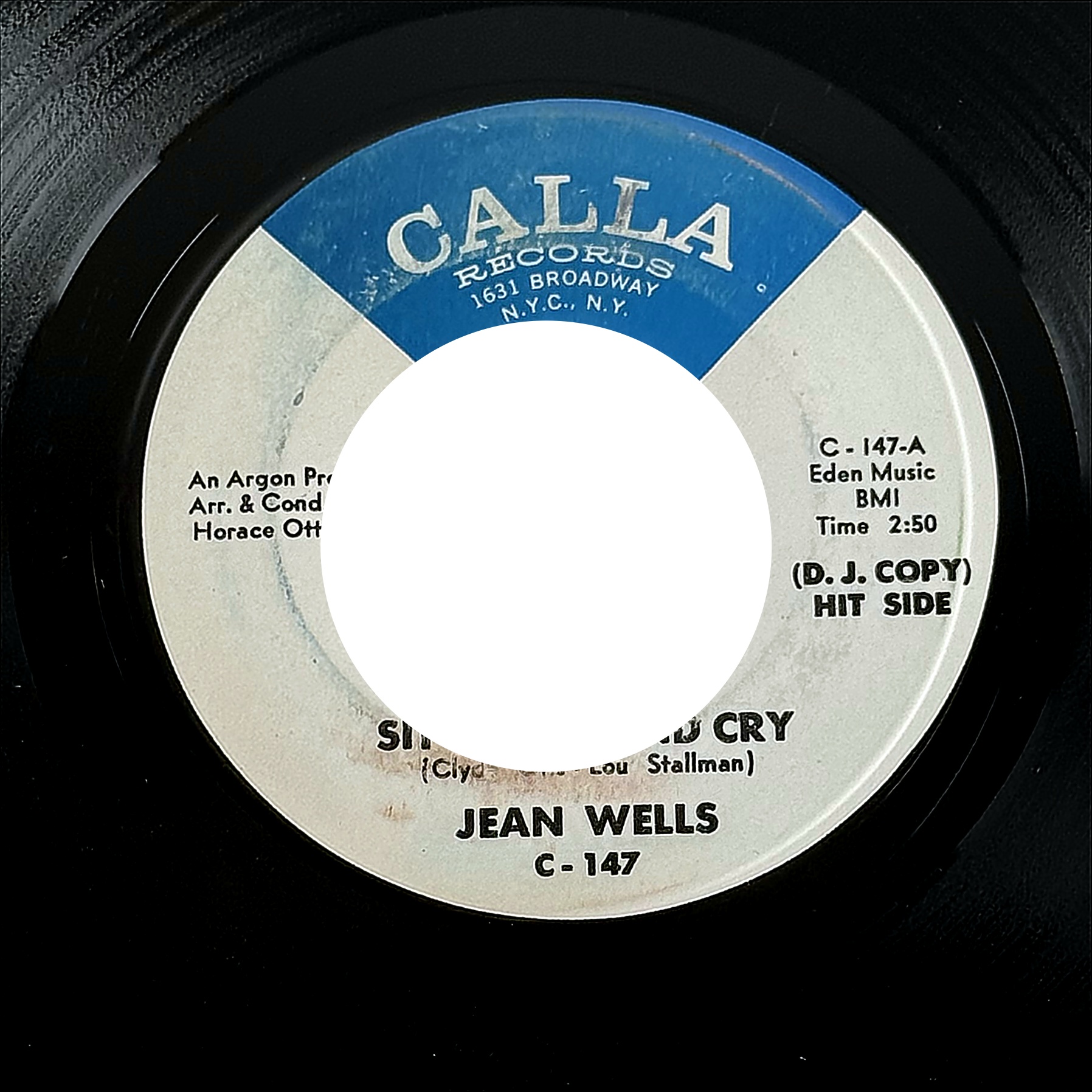 Jean Wells Sit Down And Cry / Can't You Feel It 7" Vinyl 45 RPM Calla Records