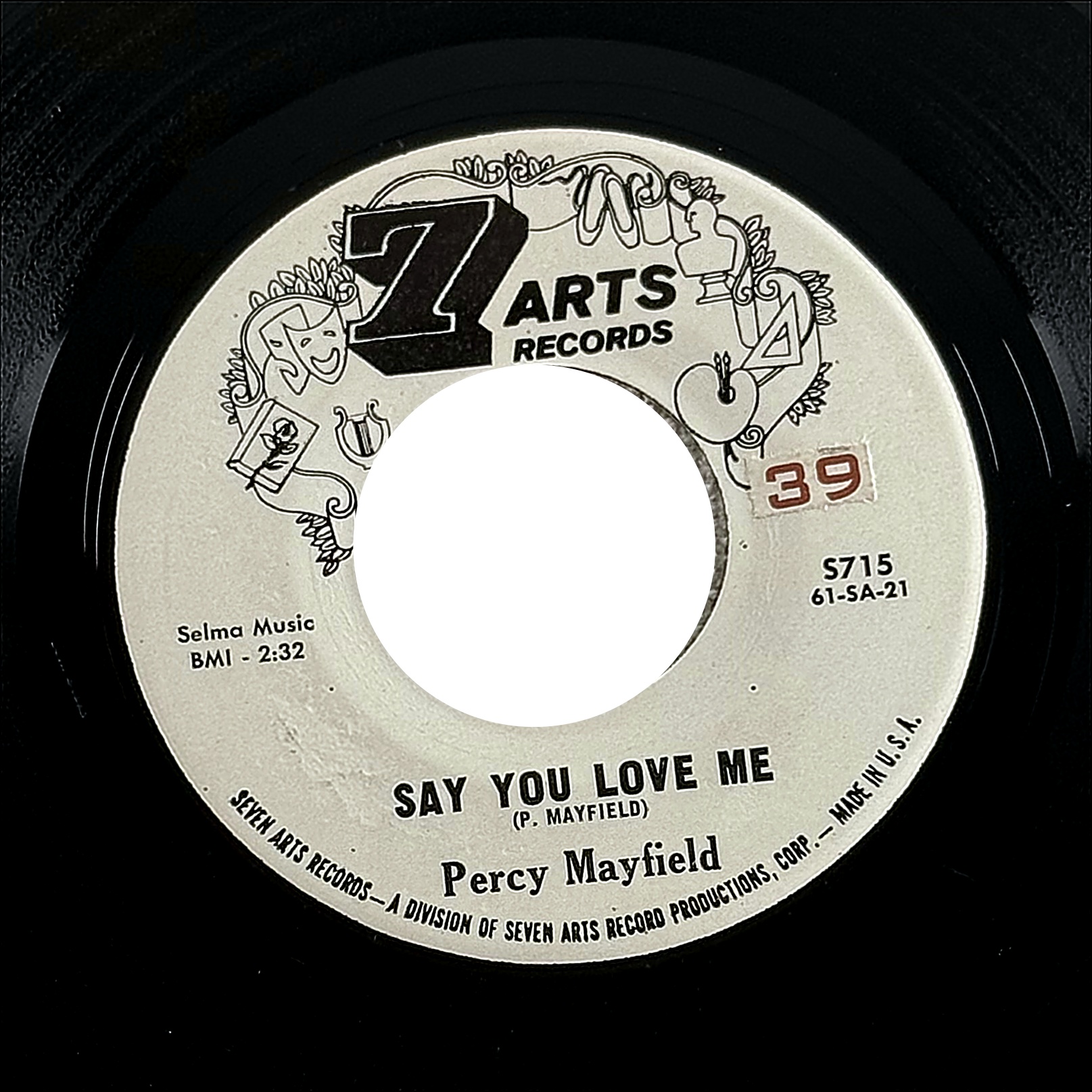 Percy Mayfield Say You Love Me 7" Vinyl 45 RPM 7 Arts Records S715 1961 Soul