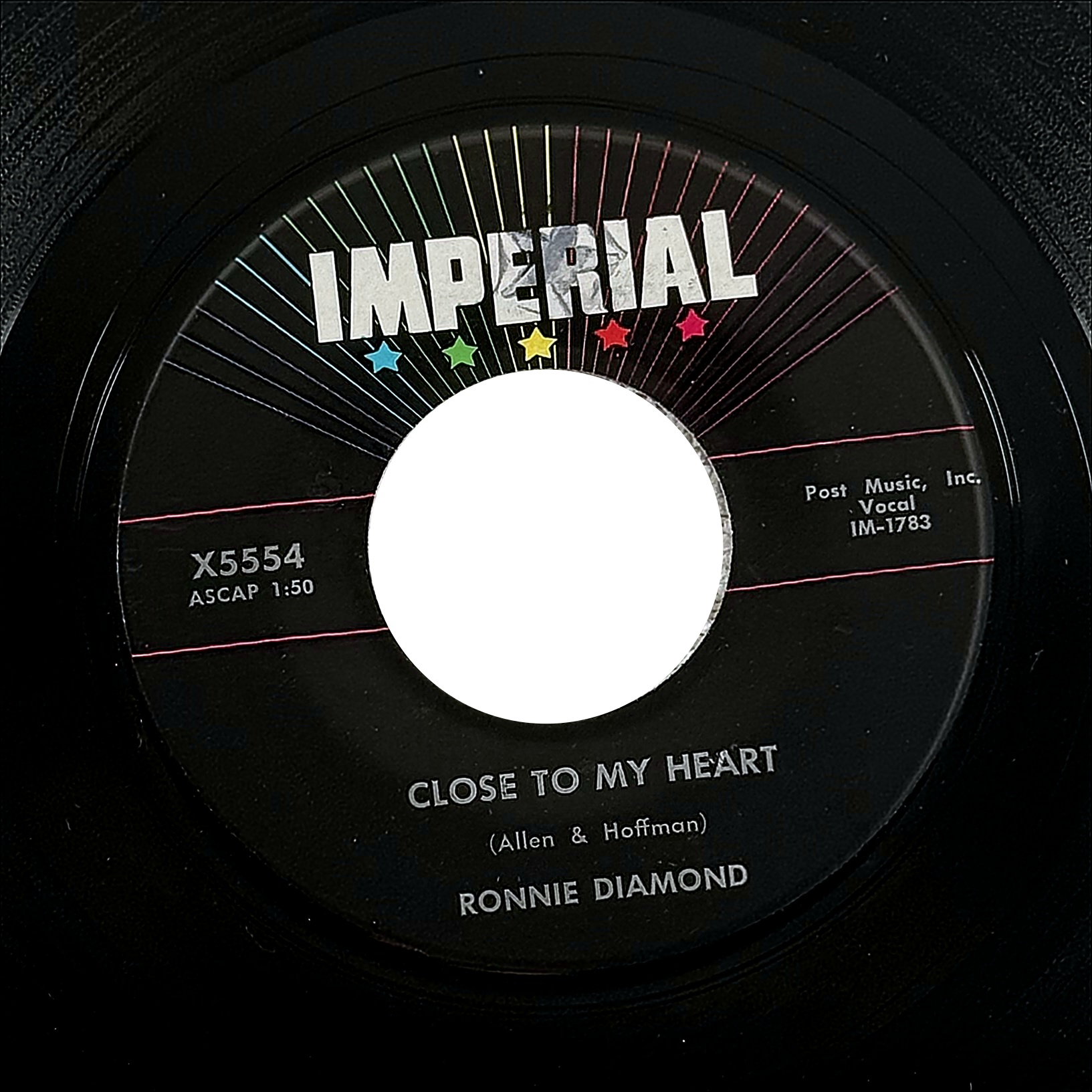 Ronnie Diamond Close To My Heart / Zig-Zag 7" Vinyl 45 RPM Imperial X5554 1958