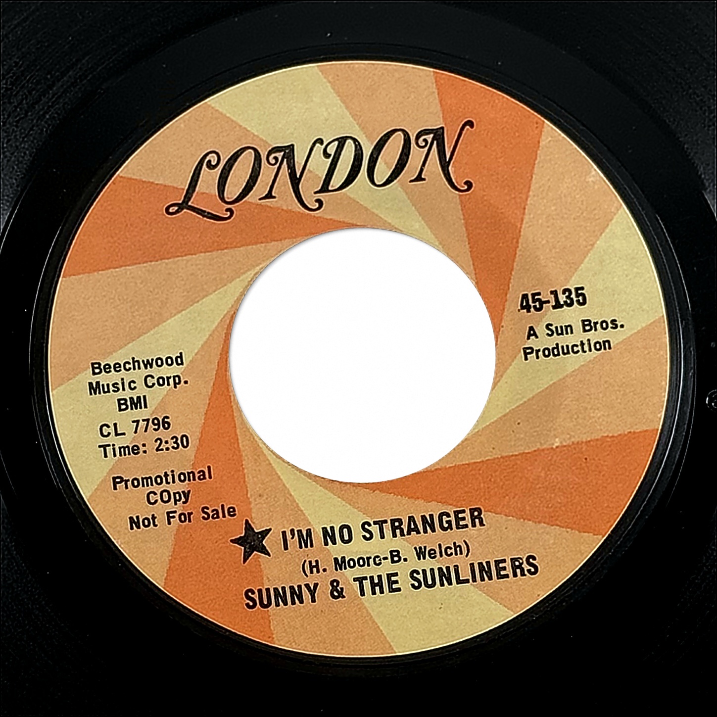 Sunny & The Sunliners I'm No Stranger 7" Vinyl 45 RPM London 45-135 Funk Single