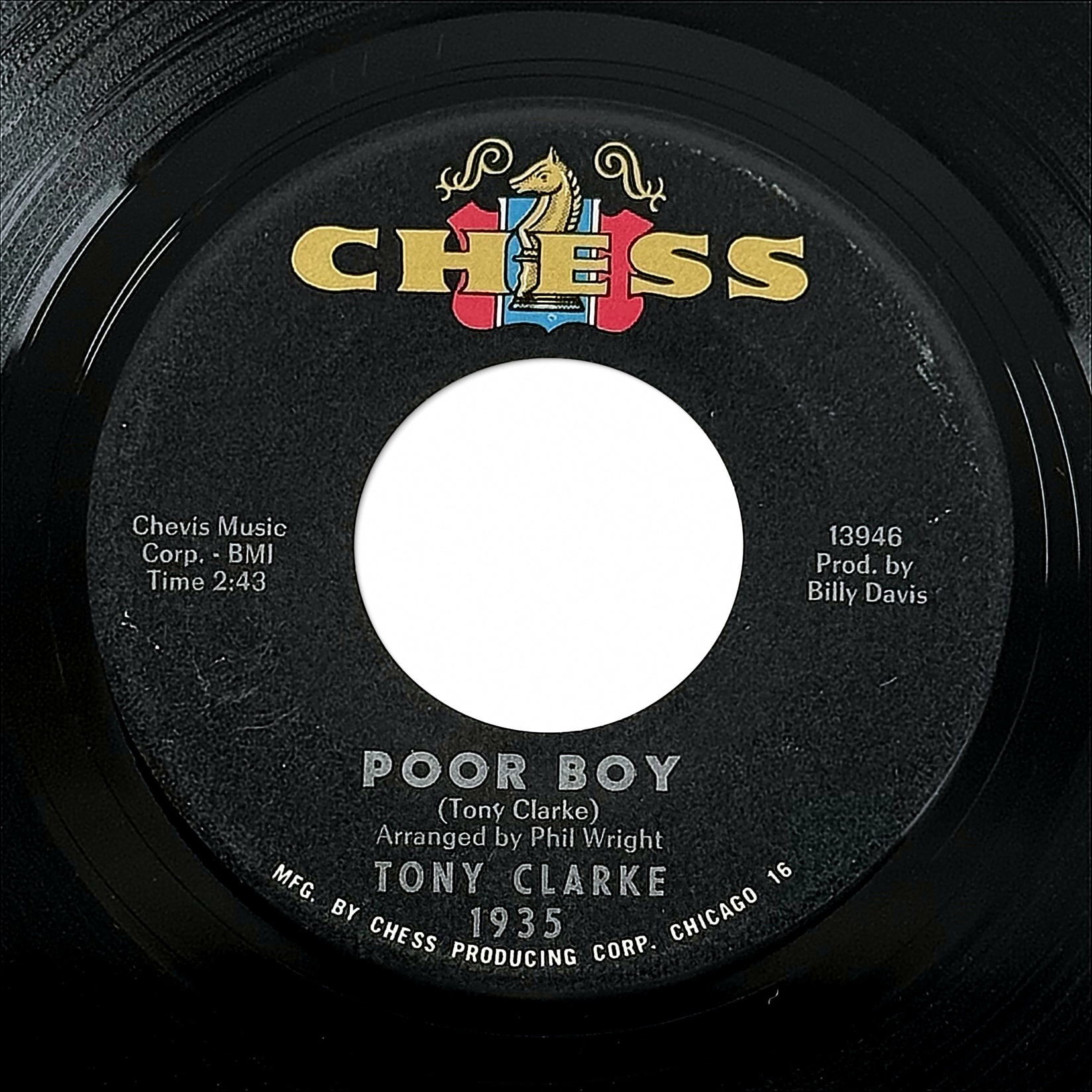 Tony Clarke Poor Boy / The Fugitive Kind 7" Vinyl 45 RPM Chess 1935 1965 Soul